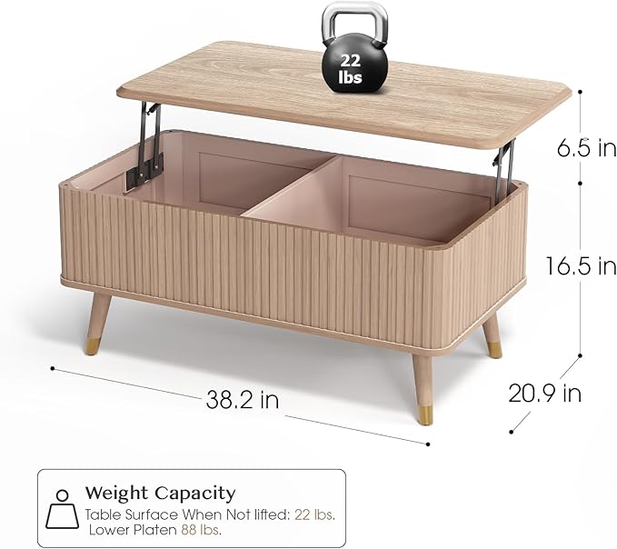 Lift Top Coffee Table with Storage Shelf & Hidden Compartment, Mid Century Modern Fluted Rectangle Dining Table for Living Room, Home Office, Natural Oak-Ruum Studio Home