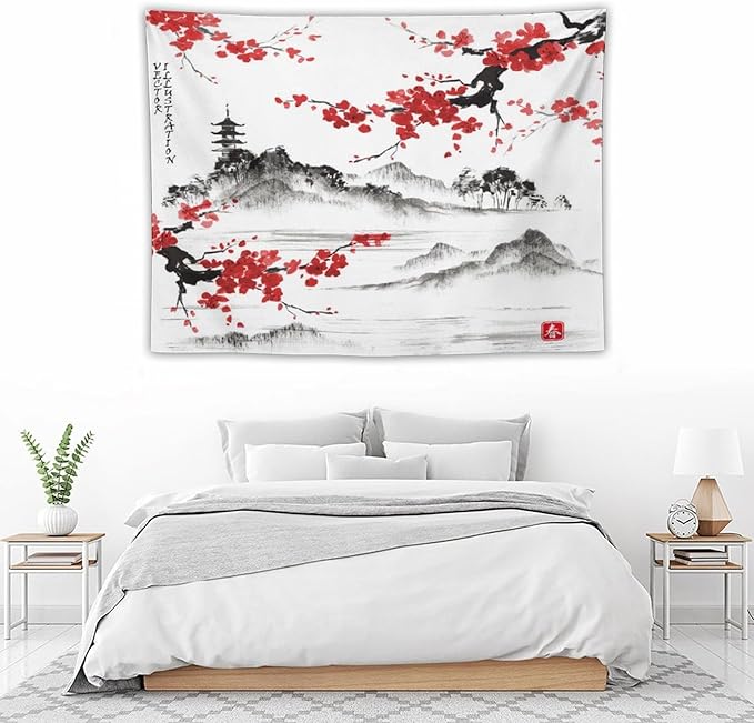 Cherry Blossoms Tapestry, Japanese Fuji Mountain Wall Tapestry, Nature Landscape Wall Art for Bedroom & Living Room Decor, 40"x30"-Ruum Studio Home