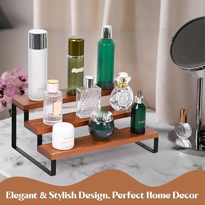 3 Tier Wooden Display Riser Stand Perfume Organizer with Metal Stand, Dessert Table Display Set, Food Display Stands for Party, Brown Rustic Solid Wood Shelf for Cupcakes, Perfume, Cologne, Spiece-Ruum Studio Home
