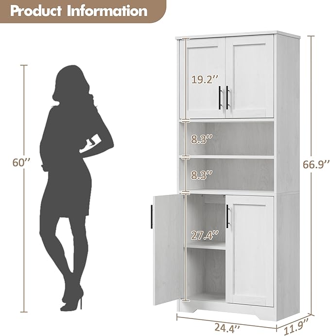 GarveeHome 67" Tall Storage Cabinet, Tall Bathroom Cabinet with 4 Doors and Adjustable Shelves, Freestanding Kitchen Pantry Cabinets, Cupboard for Living Room, Dining Room, Antique White-Ruum Studio Home