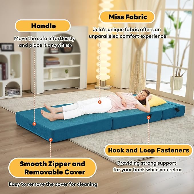 jela Foldable Sofa Bed, Convertible Sleeper Lounge Chair Floor Mattress Floor Couch with Backrest, Fold Out Futon with Washable Miss Fabric Cover for Guest Room, Living Room (83"x33",Teal)-Ruum Studio Home