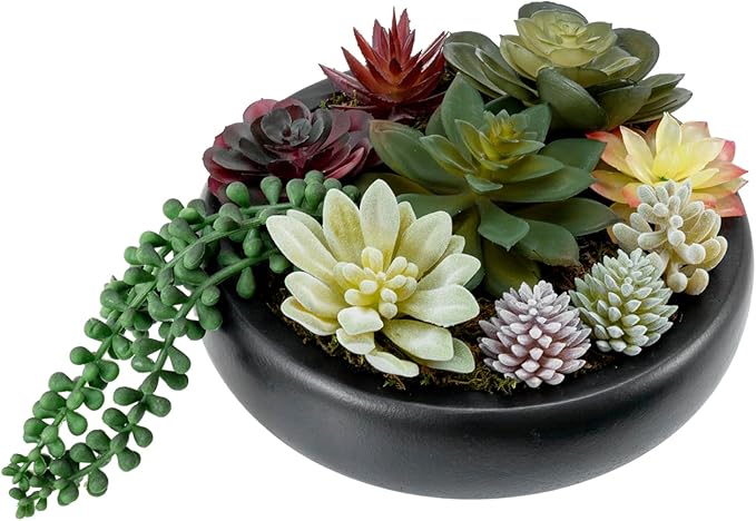 MyGift 8-Inch Artificial Succulent Plant Arrangement, Assorted Fake Plants in Modern Black Round Concrete Planter Bowl-Ruum Studio Home