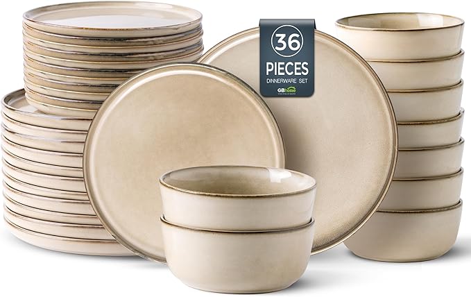 GBHOME Ceramic Dinnerware Sets for 12, 36 Pieces Stoneware Plates and Bowls Sets, Reactive Glaze Dishes -Scratch Resistant, Dishwasher&Microwave Safe-Ruum Studio Home