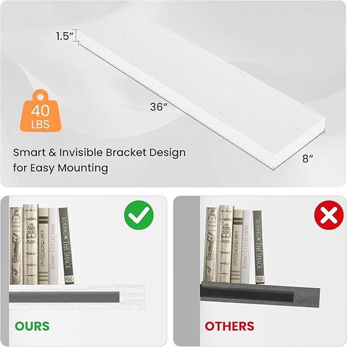 Floating Shelves for Wall, 36" W x 8" D x 1.5" H, Wooden Wall Mounted Display Shelves with Invisible Brackets for Living Room, Bedroom, Bathroom, Kitchen Decor and Storage, Set of 2, White-Ruum Studio Home