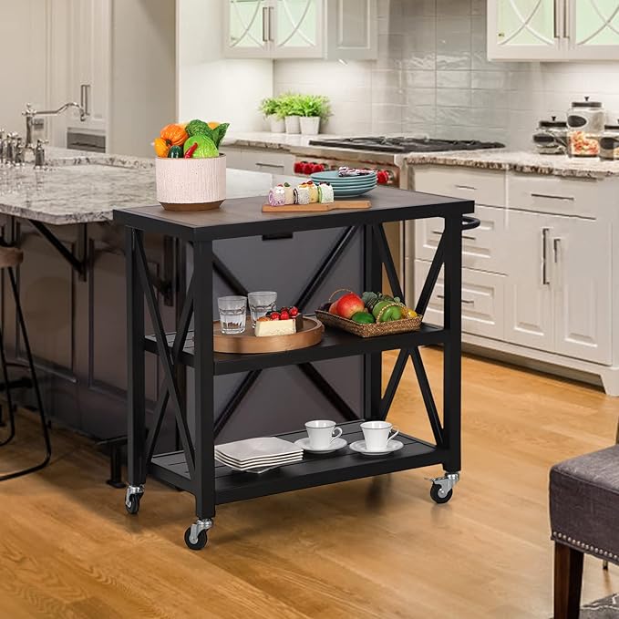 PHI VILLA Outdoor Grill Table, Elegant Grill Cart with Ceramic Wood Grain Table Top, Serving Cart with Shelves, Patio Grilling Backyard BBQ Grill Cart, Black-Ruum Studio Home