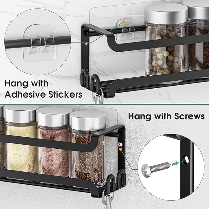 LUCYCAZ 2 Pack Wall Mounted Spice Rack with 16 Hooks, Spice Organizer Shelf for Stove Cabinet Pantry Door,Screw or Adhesive Spice Shelf Hanging Wall Spice Rack in Kitchen and RV (Black, 2 PACK)-Ruum Studio Home
