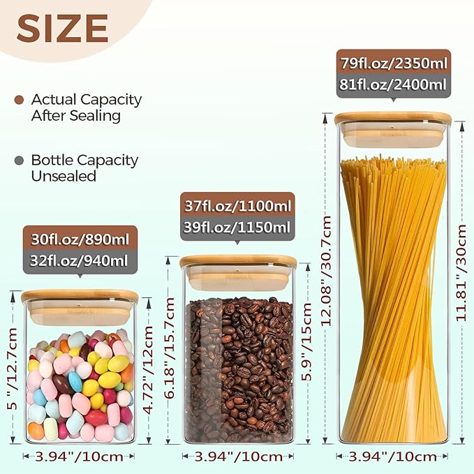 Food Storage Containers with Airtight Bamboo Lids Set of 5, Glass Canisters with Airtight Lids, Glass Food Storage Containers for Pasta, Oats, Coffee, Flour, Sugar, Best for Kitchen, Square-Ruum Studio Home