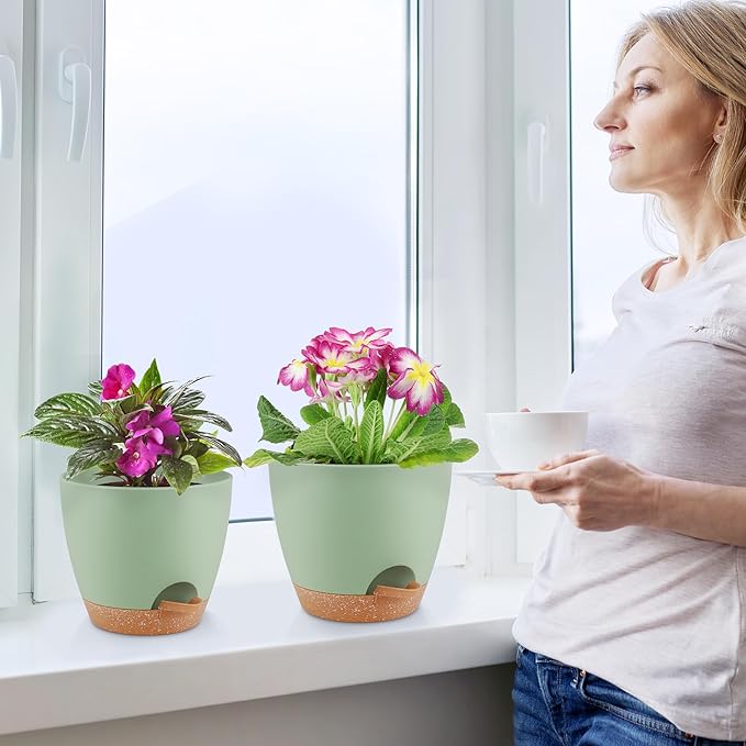 Plant Pots 8/7/6.5/6/5.5/5 Inch Self Watering Pots, Set of 6 Plastic Planters with Drainage Holes and Saucers,Plastic Flower Pots,Nursery Planting Pot for Indoor Out Door Plants（Green）-Ruum Studio Home