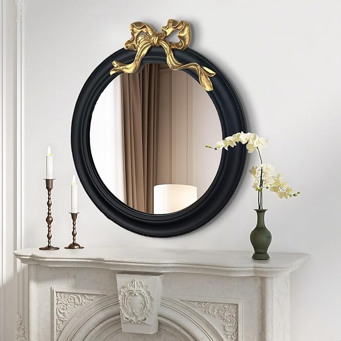 25x25 inch Bow Antique Round Mirror for Wall, Gold & Black Decorative Wall-Mounted Circle Mirror, Perfect for Bedroom, Hallway, Living Room Décor, and Bathroom Vanity-Ruum Studio Home