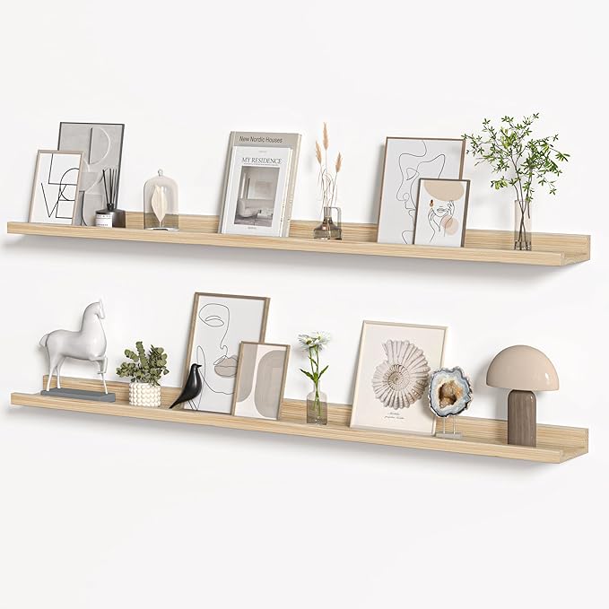 Floating Shelves for Wall, Picture Ledge Shelf 55 Inch Solid Wood Set of 2, Rustic Wall Shelves with Lip, Kids Bookshelf, Photo & Picture Live Edge Floating Shelves for Bedroom, Living Room, Kitchen-Ruum Studio Home