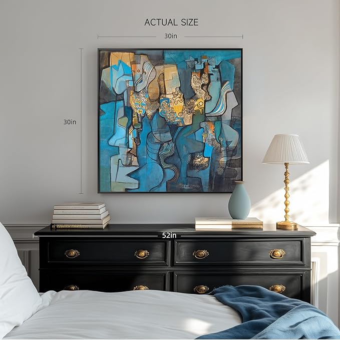 Large Framed Blue Modern Abstract Wall Art for Living Room, Canvas Paintings Artwork for Walls, Minimalist Art Prints Pictures for Hallway Bedroom Office Wall Decor -30x30 Inch-Ruum Studio Home