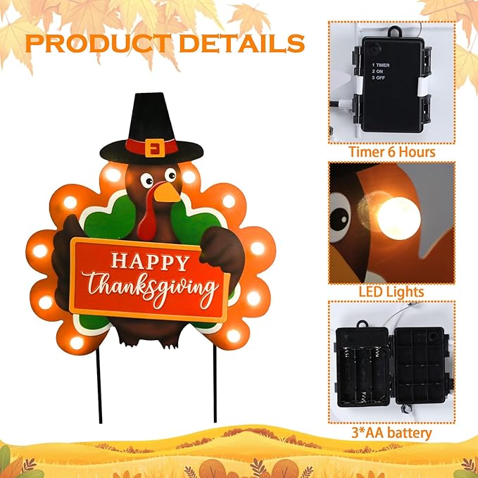 2 PCS Fall Decorations Outdoor Metal Happy Thanksgiving Decorative Garden Stakes with Led Light Welcome Pumpkin Turkey Yard Signs Fall Harvest Lawn Garden Lawn Pathway Decor-Ruum Studio Home