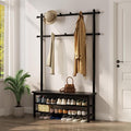 Coat Rack with Shoe Storage, Wooden Hall Tree with Bench, 11 Hooks and 2-Tier Storage Shelves, 3-in-1, Entryway Bench with Coat Rack (39.3"-Black)-Ruum Studio Home