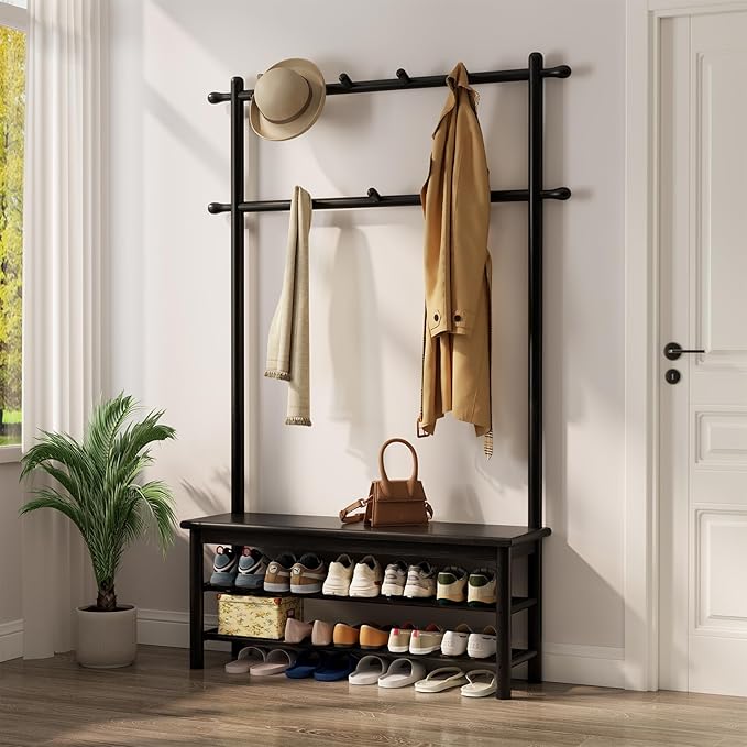 Coat Rack with Shoe Storage, Wooden Hall Tree with Bench, 11 Hooks and 2-Tier Storage Shelves, 3-in-1, Entryway Bench with Coat Rack (39.3"-Black)-Ruum Studio Home