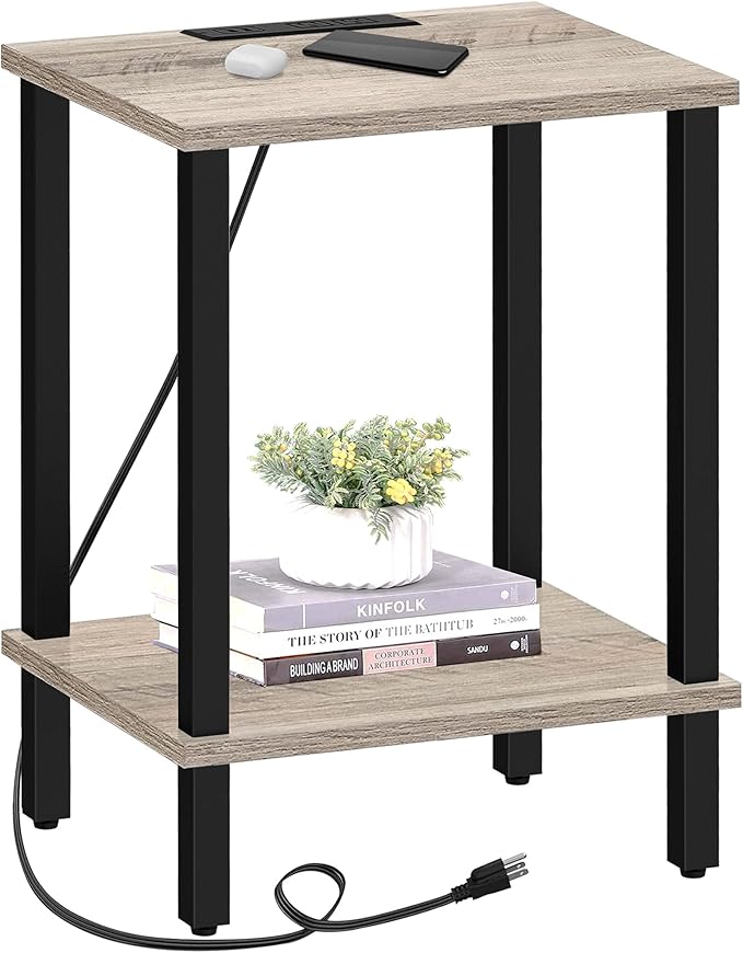 TUTOTAK End Table with Charging Station, Small Side Table with Outlets, Nightstand Bedside Table, 2-Tier Storage Shelf for Small Space, Living Room, Bedroom, Greige TB01BG040-Ruum Studio Home