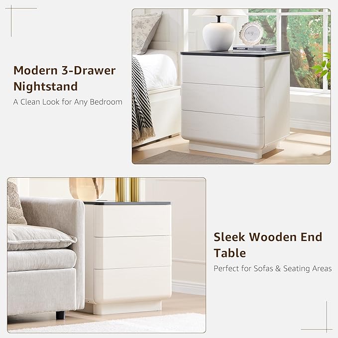 JXQTLINGMU 22" Modern Nightstand with Charging Station, Large Push-to-Open End Table, Wood Bedside Table w/Curved Profile Design, Handleless 3 Drawer Night Stand for Bedroom, Living Room, Off White-Ruum Studio Home