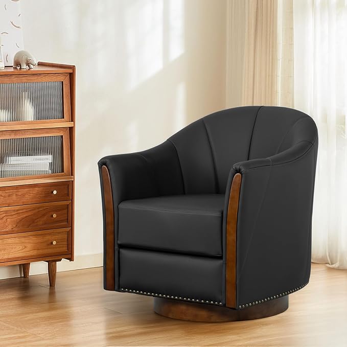 360° Swivel Accent Chair, Modern Leather Barrel Club Chair with PU Leather Upholstery and Sturdy Wood Base, Comfortable Armchair for Living Room, Bedroom, Reading Nook, Black-Ruum Studio Home