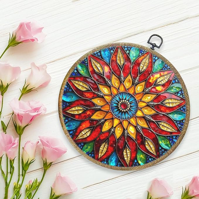 Colorful Geometric Mandala Framed Round Wall Decor Canvas Wall Art Hanging Prints Artwork for Home Office Kitchen Nursery Bedroom Living Room Porch Garden Birthday Decorations 10.2X10.2 Inch-Ruum Studio Home