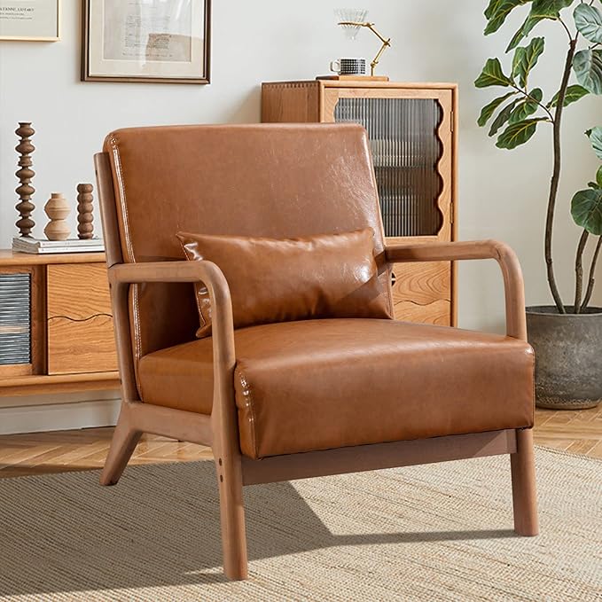 INZOY Mid Century Modern Accent Chair with Wood Frame, PU Leather Reading Armchair with Waist Cushion, Upholstered Living Room Chairs for Bedroom Sunroom (Camel)-Ruum Studio Home