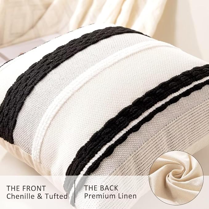 Boho Throw Pillow Covers 18x18 Set of 2 Farmhouse Decorative Cushion Case Striped Square Pillows Cover Chenille Pillow Cases Accent Neutral Pillowcase for Sofa Couch Bed,Black and White-Ruum Studio Home