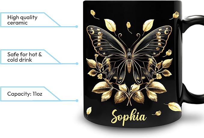 Hyturtle Personalized Yellow Butterfly Mug - Butterfly Gifts For Women Lovers - Animal Gift For Bird Lover Her - Bird Gifts For Mom on Mother Day - Custom Name Coffee Cup Ceramic Mug 11 Oz 15 Oz-Ruum Studio Home