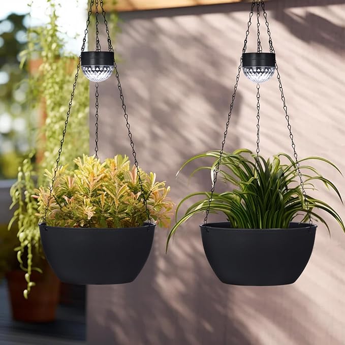 2 Packs Solar Hanging Basket Planters for Plants Outdoor, Self Watering Black Flower Plants Pots with Solar Light Drainer for Balcony Patio Garden Outdoor Decoration-Ruum Studio Home