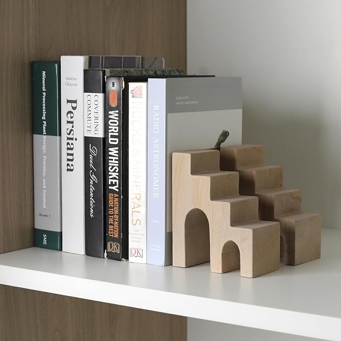 Natural Marble Book Ends for Shelves, Decorative Bookends for Heavy Books, CastleGuard Bookend Book Holder Stopper for Home Office Desk Bookshelf Decoration, Turkey Natural Marble, Set of 2-Ruum Studio Home
