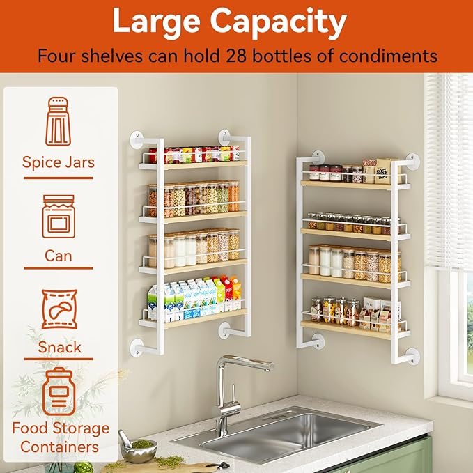 IBUYKE Spice Rack Wall Mount,4 Tier Hanging Seasoning Organizer,Spice Rack for Wall for up to 50 Jars,Spice Organization for Kitchen Cabinet,Living Room,Bathroom,Pantry,Natural TLJ016R-Ruum Studio Home