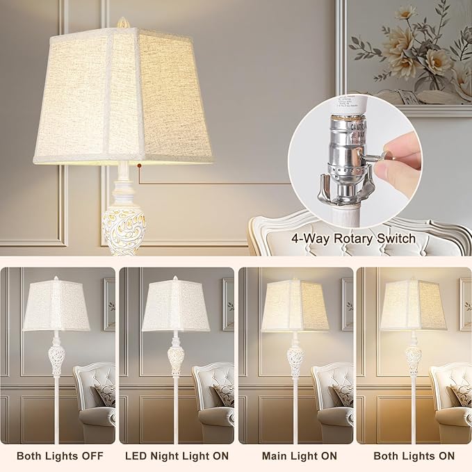 Floor Lamp for Living Room, Vintage Standing Lamp with Nightlight, 65" Tall Lamp with White Linen Shade, Farmhouse Rustic Floor Lamp for Bedroom, Office, Corner (LED Bulb Included)-Ruum Studio Home