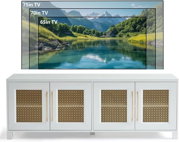 JYED Mid Century Modern TV Stand for TVs up to 75", 69.5" W White Entertainment Center with 4 Gold Metal Mesh Doors - Wood Grain MDF TV Console, Media Storage-Ruum Studio Home