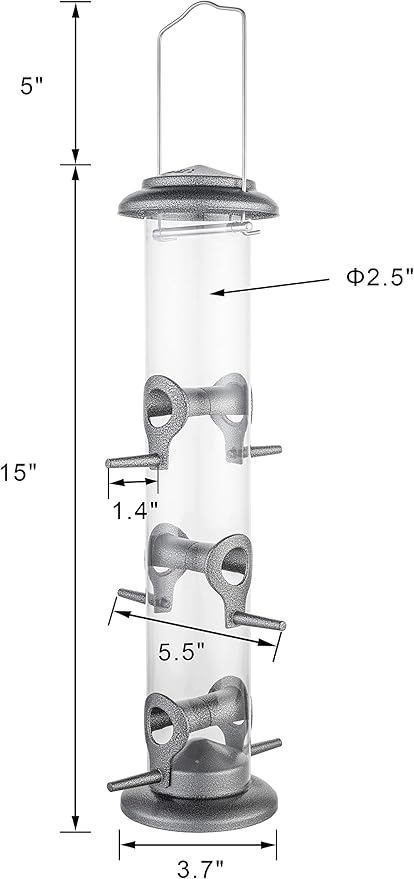 iBorn Metal Bird Feeder Hanging Wild Bird Seed Feeder for Mix Seed Blends Heavy Duty All Metal Silver Finish,14 Inch 6 Port(Seed is not Included)-Ruum Studio Home