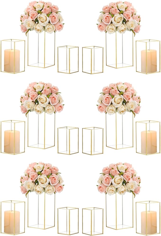 Hewory Glass Hurricane Candle Holder Set of 18, Gold Large Hurricane Centerpiece for Table, Tall Floor Square Pillar Candle Holders Lantern Set for Wedding, Anniversary, Party, Fireplace, Dining Room-Ruum Studio Home