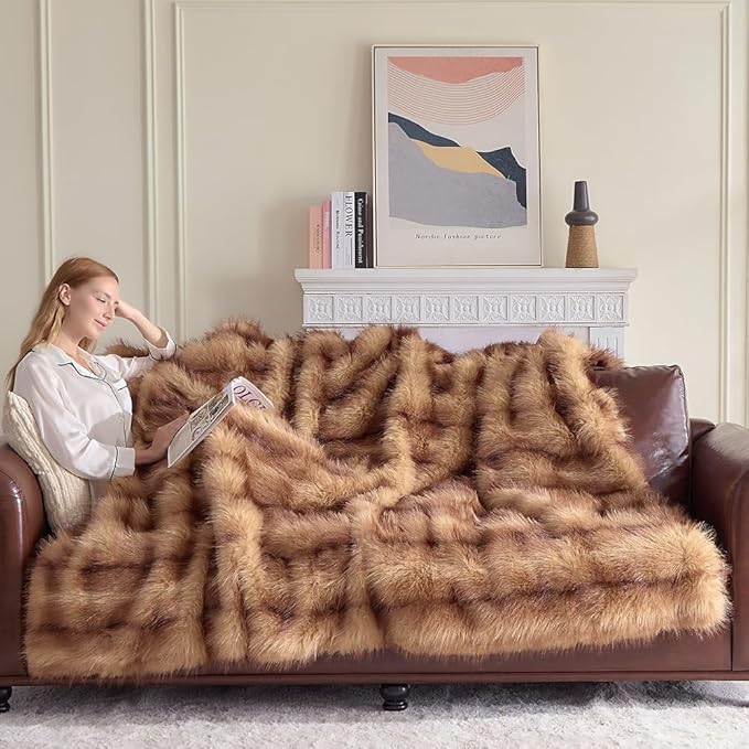 Fluffy Faux Fur Throw Blanket – Super Soft Warm Thick Plush Blanket for Bed, Couch & Office, Cozy Fuzzy Throw with Flannel Backing,90"x90", Brown-Ruum Studio Home
