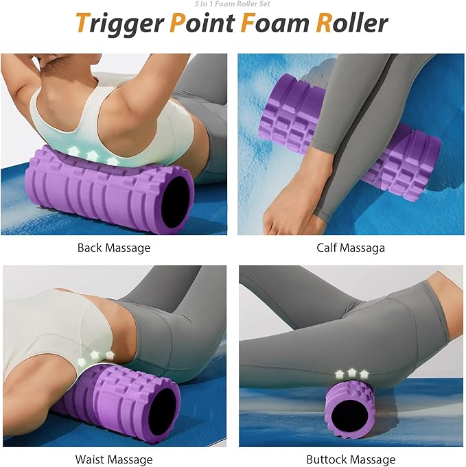 5 in 1 Foam Roller Set for Deep Tissue Muscle Massage, High Density Trigger Point Fitness Patented Exercise Foam Roller, Massage Roller, Massage Ball, Resistance Band, for Whole Body(Purple)-Ruum Studio Home