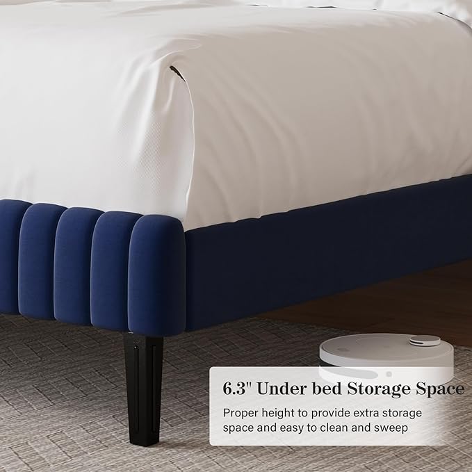 Twin Bed Frame, Velvet Upholstered Platform Bed with Vertical Channel Tufted Headboard and Footboard, No Box Spring Required, Easy Assembly, Blue-Ruum Studio Home