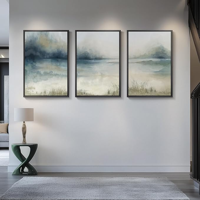Large Framed Abstract Nature Landscape Wall Art for Living Room, 3 Piece Modern Canvas Prints Paintings Artwork for Walls, Blue Watercolor Lake Mountain Pictures for Hallway Office Wall Decor 24x36 In-Ruum Studio Home