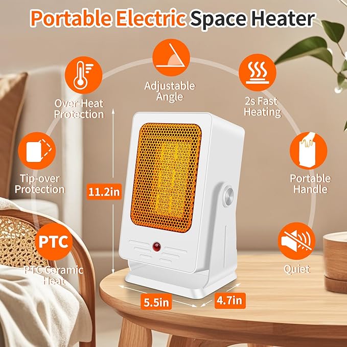 Portable Space Heaters for Indoor Use,Desktop Heater with 900W PTC 2s Fast Heating, 30° Adjustable Angle Design Small Electric Heater Lightweight for Personal, Office,Room,White-Ruum Studio Home