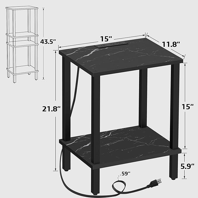 TUTOTAK End Table with Charging Station, Set of 2, Small Side Table, Nightstand Bedside Table, 2-Tier Storage Shelf for Small Space, Living Room, Bedroom Marble Black TB01BMK041-Ruum Studio Home