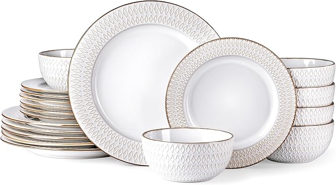 GBHOME Ceramic Dinnerware Sets,18 pcs Embossed Elegant Stoneware Plates and Bowls Sets, Housewarming Wedding Gift | Dishwasher & Microwave Safe | Dishes Set Service for 6-Ruum Studio Home