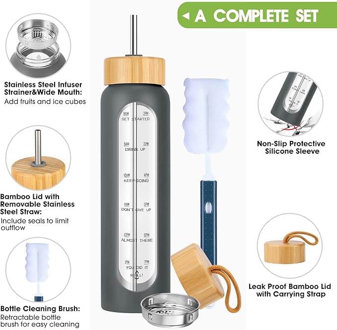 32 oz Glass Water Bottle with Straw - Motivational Time Marker & Silicone Sleeve - Reusable Tumbler Includes 2 Bamboo Lids & Fruit Infuser - 1 Pack-Ruum Studio Home