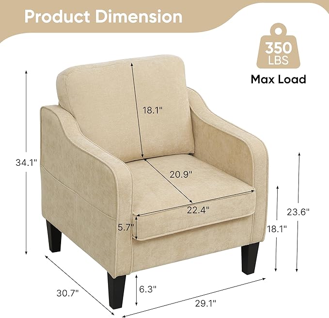Accent Chair for Living Room, Mid Century Modern Reading Chair for Bedroom, Upholstered Armchair with Side Pockets, Comfy Single Sofa Side Chair for Office, Apartment, Small Room, Light Brown-Ruum Studio Home