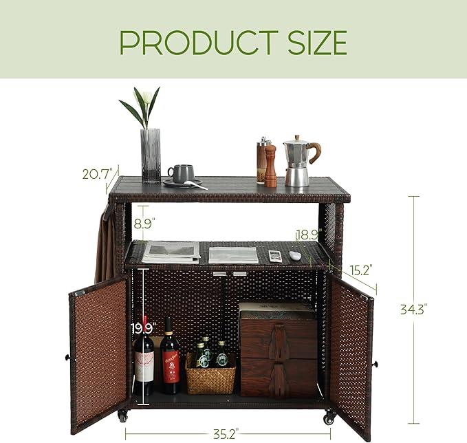 Wicker Outdoor Bar Cart - Brown Patio Console Storage Table Buffet Cabinet Serving Kitchen Cart with Wheels for Outside Backyard-Ruum Studio Home