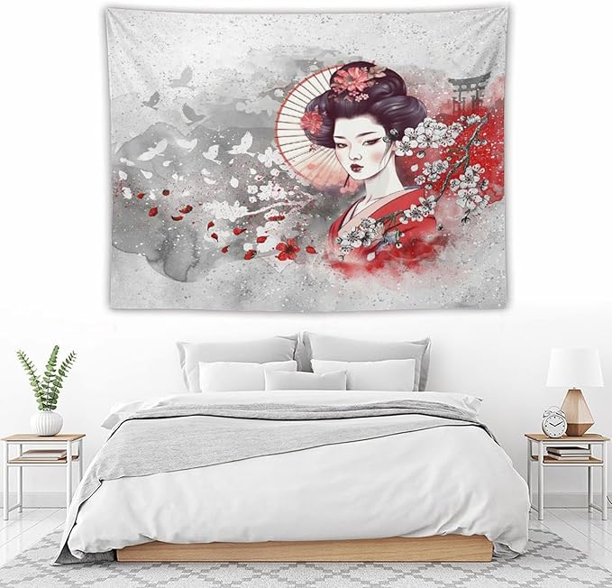 Japanese Geisha Tapestry Asian Red Cherry Blossom Traditional Kimono Folk Tapestries Home Decor for Living Room Bedroom Apartment Farmhouse Dorm 80"x60"-Ruum Studio Home