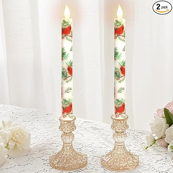 Cardinal Bird Flameless Taper Candles with Remote - Red Bird Theme LED Taper Candles for Home Xmas Holiday Party Christmas Decoration - 2PCS 9.5INCH-Ruum Studio Home