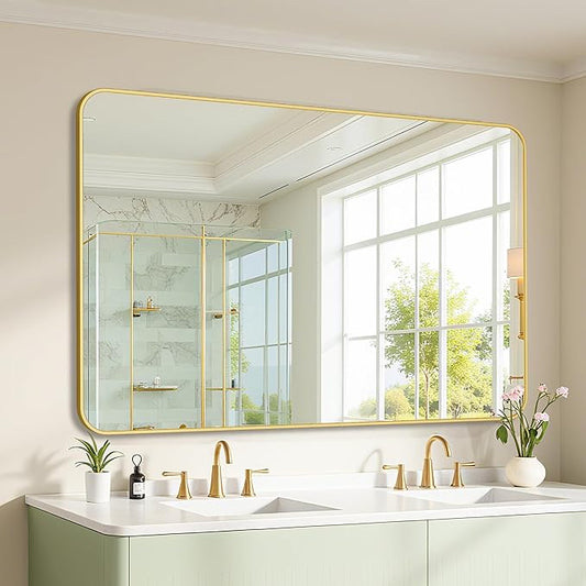 Bathroom Mirror 55" x 36", Large Rectangle Wall Mirror, Gold Metal Frame Wall Mounted Mirrors for Bathroom, Vanity, Bedroom, Entryway Decor(Horizontal/Vertical)-Ruum Studio Home