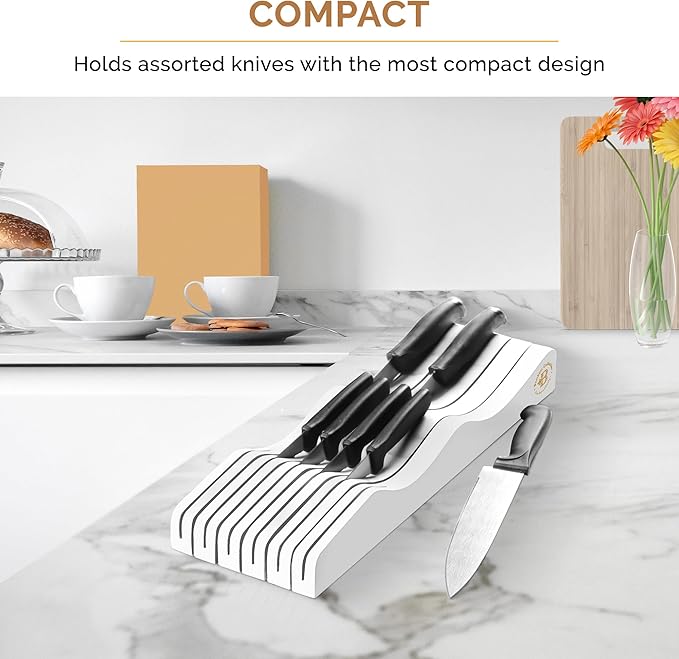 In-Drawer Knife Block Organizer - Bamboo Wood Drawer Knife Organizer - Holds 5 Long + 6 Short Knives (Not Included) - Store Knives with Blades Pointing Down-Ruum Studio Home