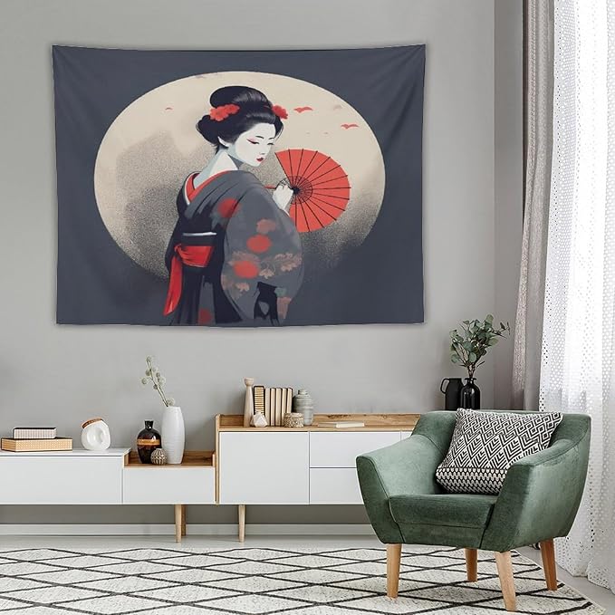 Japanese Woman Geisha Tapestry Asian Red Cherry Blossom Red Sun Traditional Kimono Folk Tapestries Home Decor for Living Room Bedroom Apartment Farmhouse Dorm 80"x60"-Ruum Studio Home