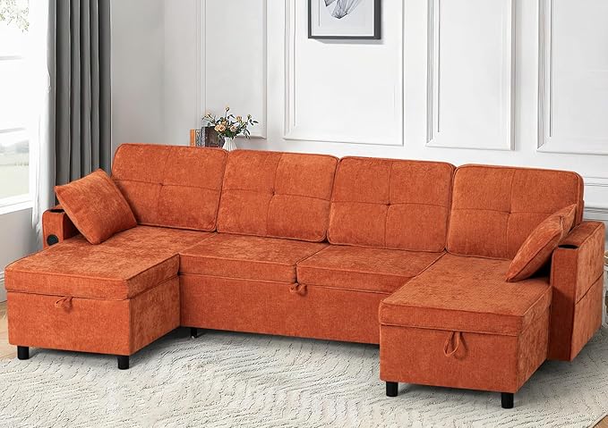 ACMEASE110“ Inches L-Shaped Pull Out Sofa Bed w/Storage Chaise & Adjustable Back, Chenille Sectional Sofa w/USB Port,Tufted Sleeper Couch w/Cup Holders for Living Room, Orange-Ruum Studio Home