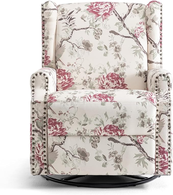 UIXE Swivel Rocker Manual Recliner Chair, Wingback Swivel Glider Fabric Nursery Reclining Sofa Chair, High Back Upholstered Arm Chair for Living Room Bedroom - Beige Floral-Ruum Studio Home