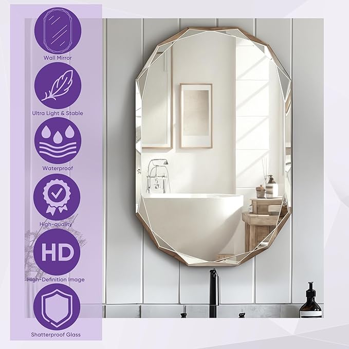 Bathroom Mirror for Wall, 30" x 40" Oval Mirror, Bathroom Vanity Mirror, Wall Mount Vanity Mirrors, Beveled Edge Frameless Wall Mirrors Decorative, Irregular Beveled Edge Mirror-Ruum Studio Home